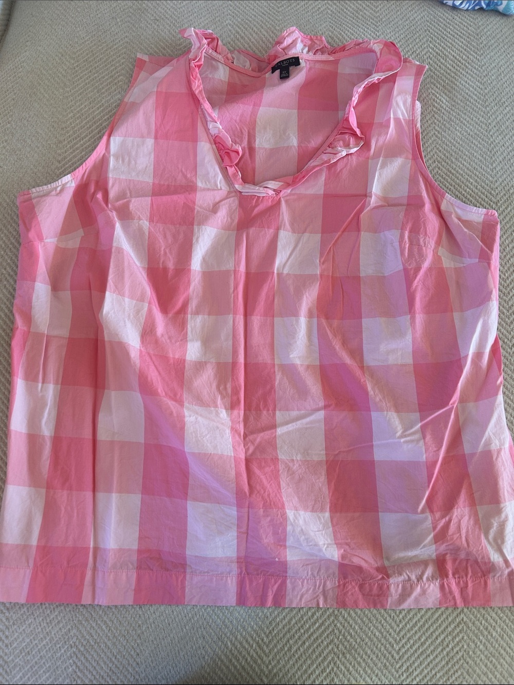 Talbots NWOT Pink Check Ruffle V-Neck Sleeveless Top